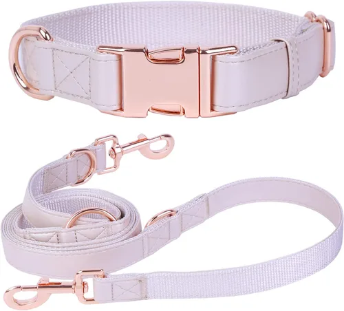 Miniatura 22 de Juego de collar y correa de cuero suave para perro (6.6 pies), elegante hebilla de metal resistente de oro rosa, correa de 4 longitudes ajustables
