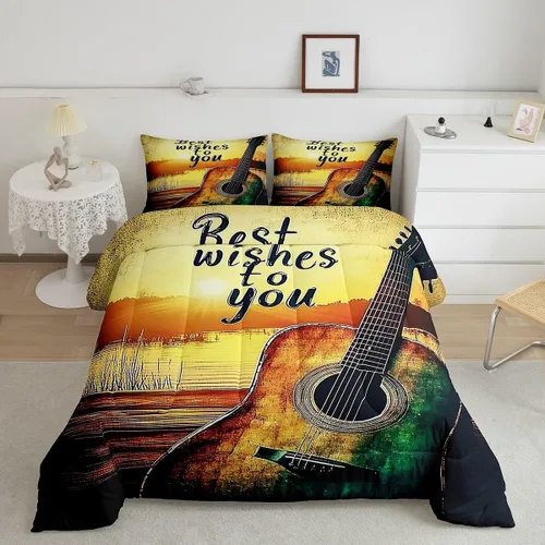 Miniatura 37 de Castle Fairy Juego de edredón de botas de vaquero, tamaño individual, juego de ropa de cama bohemio con guitarra musical para niños y niños