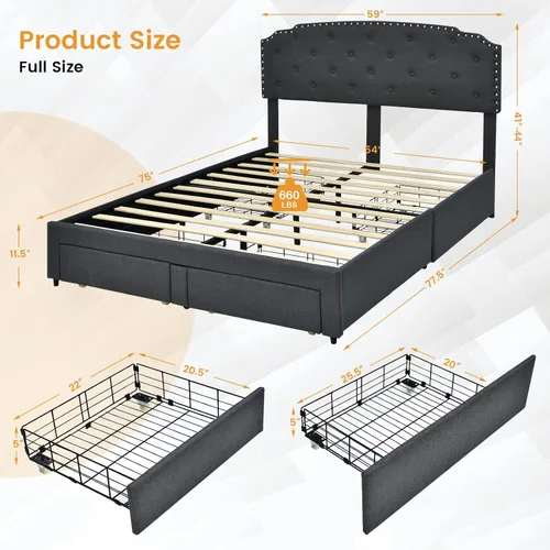 Miniatura 2 de Giantex Base de cama tapizada, cama de tamaño matrimonial con 4 cajones de almacenamiento y cabecera ajustable con botones, soporte de listones