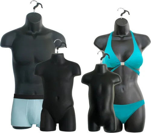 Miniatura 10 de 4 formas de maniquí negro con soportes de metal - Juego de maniquíes colgantes de torso largo para hombre, mujer, niño y bebé con cadera