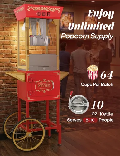 Miniatura 3 de Máquina de palomitas PopBria con carrito, auténtica máquina de palomitas estilo cine de 10 oz con bandeja calentadora, máquina de palomitas vintage
