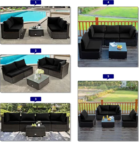Miniatura 5 de Tangkula Patiojoy Juego de sofá de ratán para exteriores de 6 piezas con mesa de fuego de gas propano de 30 pulgadas, mesa de cerámica para fuego