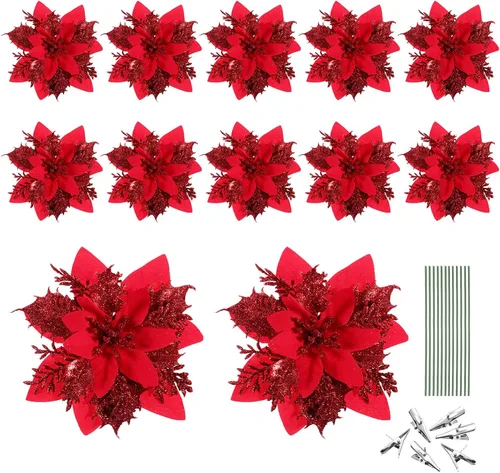 Miniatura 2 de Toyvian Flores de pascua artificiales con purpurina navideña, 12 adornos de flores para árbol de Navidad, decoración de fiesta de Navidad con 12 Rojo