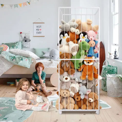 Miniatura 7 de Almacenamiento de animales de peluche, tubo de metal extra grande organizador de almacenamiento de juguetes con ruedas de freno, soporte para Blanco