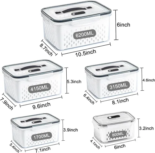 Miniatura 5 de Paquete de 5 recipientes grandes de almacenamiento de frutas para refrigerador con orificios de ventilación y asa, recipientes herméticos