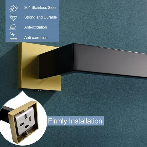 Miniatura 5 de TQKAG Toallero individual negro y dorado de 23.6 pulgadas, toallero de baño de acero inoxidable montado en la pared, colgador de toallas de baño.