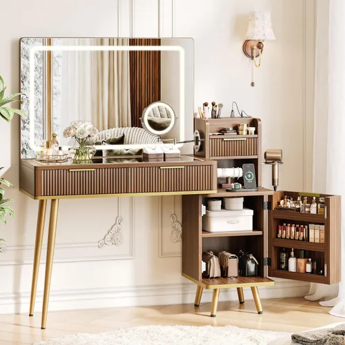 Miniatura 5 de iPormis Escritorio de tocador de maquillaje con espejo de aumento HD y 5X y luces, tocador de maquillaje de 47 pulgadas, tocador superior de vidrio