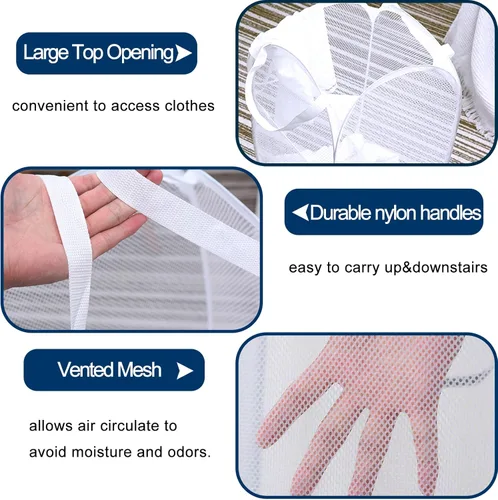 Miniatura 3 de Paquete de 2 cestas de malla desplegables para la lavandería, cestas plegables para ropa sucia, cestas de almacenamiento plegables con asas y Blanco