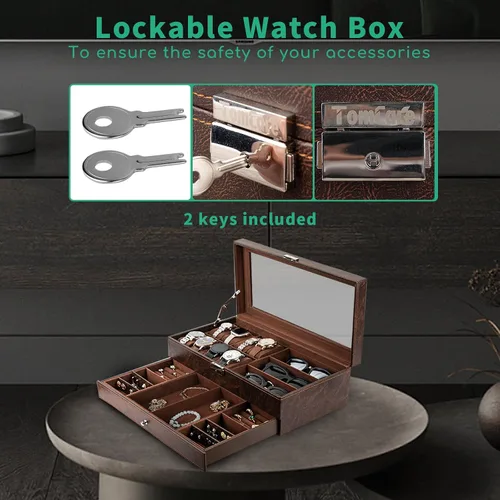 Miniatura 6 de TomCare Caja de reloj de 2 niveles para reloj, caja organizadora de joyas con tapa de vidrio gruesa, organizador de relojes, soporte para exhibición