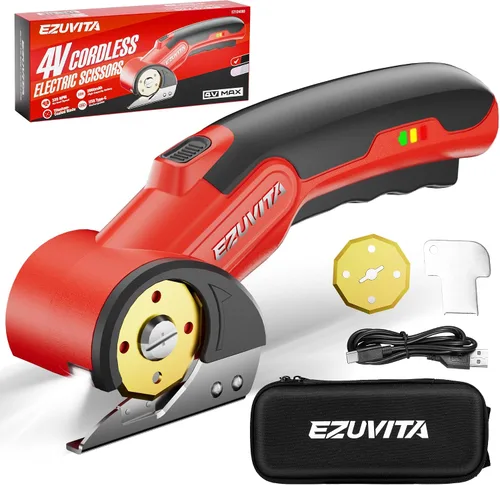 Tijeras eléctricas inalámbricas de 4 V con luz LED, color rojo | Cortador de caja de cartón recargable, cuchilla de repuesto revestida de titanio,