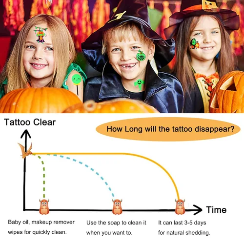 Miniatura 6 de Tatuajes temporales de Halloween para niños, paquete de 20 tatuajes de fiesta que brillan en la oscuridad, decoraciones de fiesta de cumpleaños