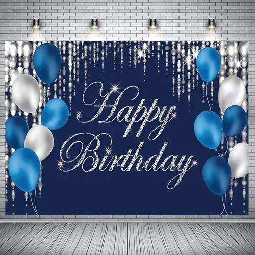 Miniatura 6 de Cartel de fondo de feliz cumpleaños azul marino y plateado para hombres, mujeres, fondo de fotografía de jubilación, suministros de decoración