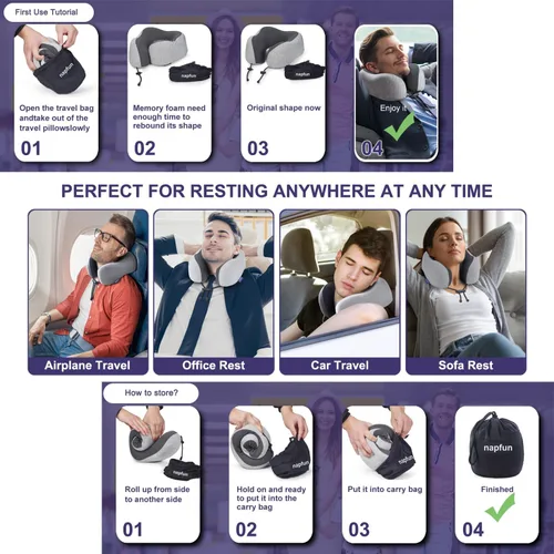 Miniatura 5 de NapFun - Almohada de cuello para viajes, mejorada para viajar por avión 100% espuma viscoelástica para dormir y descansar durante los vuelos, Gris