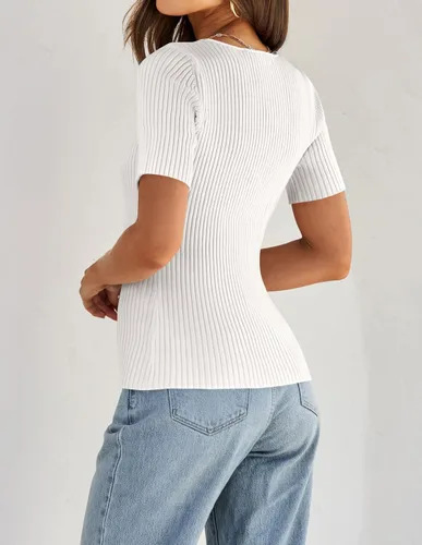 Miniatura 4 de ZESICA Camisetas de manga corta con cuello cuadrado para mujer, ajustadas, de verano, de punto acanalado, básicas, casuales