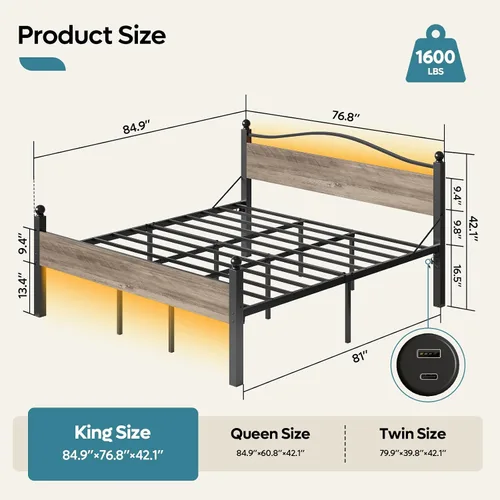 Miniatura 2 de Pinmoco Base de cama tamaño King con cabecero y estribo, cama de plataforma de metal resistente con espacio de almacenamiento debajo de la cama