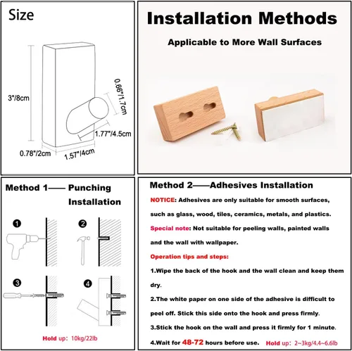 Miniatura 7 de HomeDo Paquete de 4 ganchos adhesivos de pared para sombreros, ganchos de madera para colgar en la pared, ganchos decorativos individuales