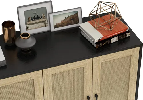 Miniatura 9 de Panana Armario de almacenamiento de buffet con decoración de ratán 4 puertas, aparador de cocina para sala de estar, 48.43 x 34.65 x 15 pulgadas