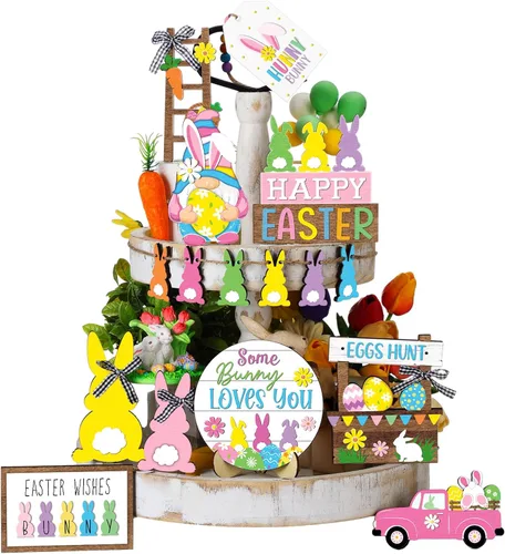 Miniatura 8 de Marsui Decoración de bandeja escalonada de Pascua, adorno de bandeja escalonada de Pascua rústica, letrero de primavera de conejo, camión, huevo