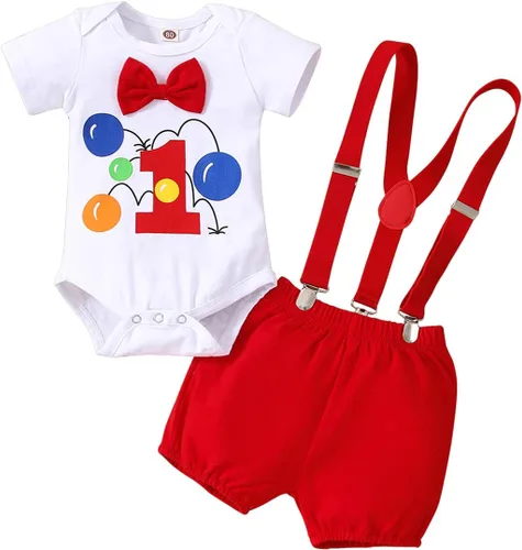 IDOPIP Traje formal para bebé niño para el primer cumpleaños de Cake Smash con corbatín y tirantes y pantalones cortos para sesión de fotos