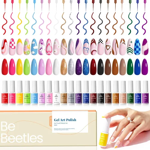 Miniatura 8 de Beetles - Juego de esmalte de uñas de gel con líneas de arte, esmalte de uñas de gel en blanco, oro y rojo con purpurina, punta francesa neón, uñas
