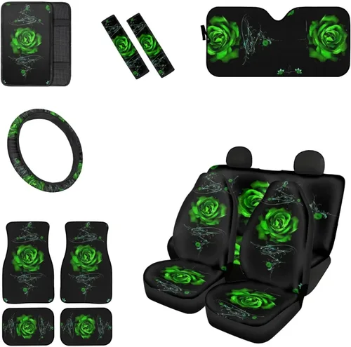 Miniatura 19 de Juego de 13 piezas de accesorios de automóvil de calavera con rosa roja, incluye fundas de asiento delantero y trasero, parabrisas de automóvil