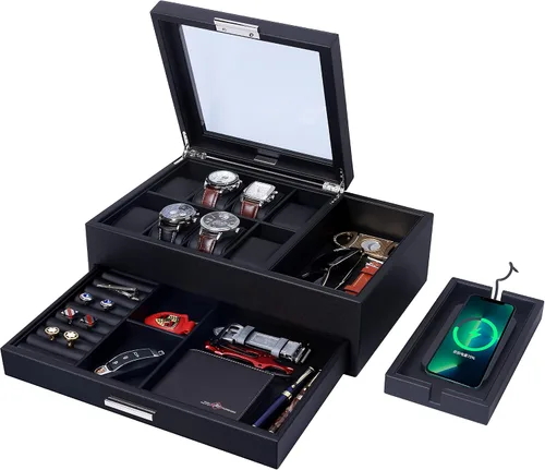 Miniatura 2 de Lifomenz Co Joyero para hombre, bandeja de valet con cajón y organizador de estación de carga, organizador de mesita de noche para hombres, bandeja