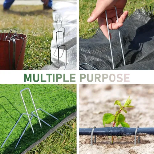Miniatura 5 de Paquete de 25 grapas para paisajismo de 6 pulgadas, estacas de calibre 11, estacas de jardín galvanizadas con forma de U, clavijas y grapas