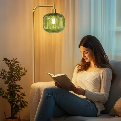 Miniatura 6 de QiMH Lámpara de pie de cristal para sala de estar, lámpara de pie moderna con pantalla de vidrio acanalado e interruptor de pedal, lámpara de 67