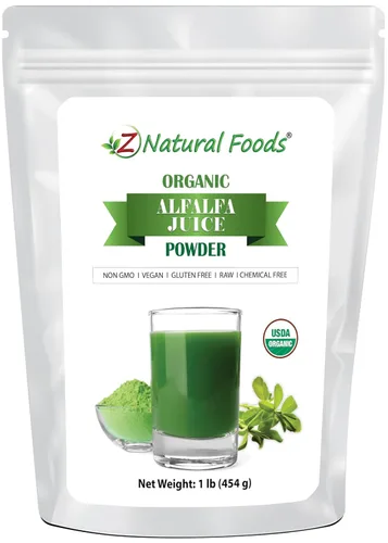 Z Natural Foods Polvo de jugo de alfalfa orgánico, polvo de superalimento de hierba verde, mezcla en batidos, bebidas, recetas, crudo, todo natural,
