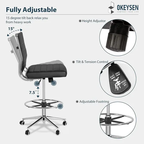 Miniatura 6 de Okeysen - Silla de dibujo sin brazos, silla de oficina ergonómica de cuero de 400 libras con anillo de pie ajustable, moderna silla de escritorio