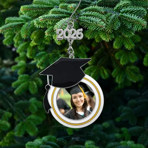 Miniatura 7 de Adorno de fotos de Navidad de graduación – Dijes fechados para 2026 y 2027 – Diseño de sombrero de graduación – Felicitaciones – Estudiantes