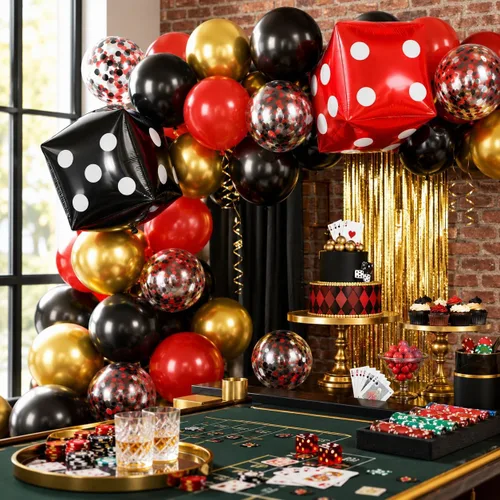 Miniatura 4 de Globos de Casino, Globos Metálicos Negros Rojos Dorados de 12 Pulgadas con Confeti y Dados de Lámina para Decoración de Fiesta Temática de Juego