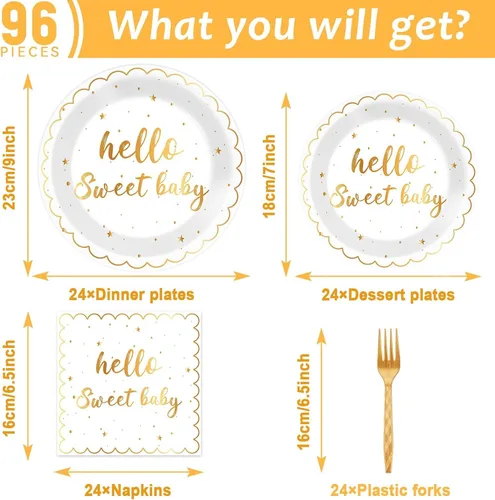 Miniatura 2 de ZOIIWA 96 piezas de platos y servilletas para fiesta "Hello Sweet Baby" - Decoraciones de baby shower blancas y doradas, juego de vajilla desechable