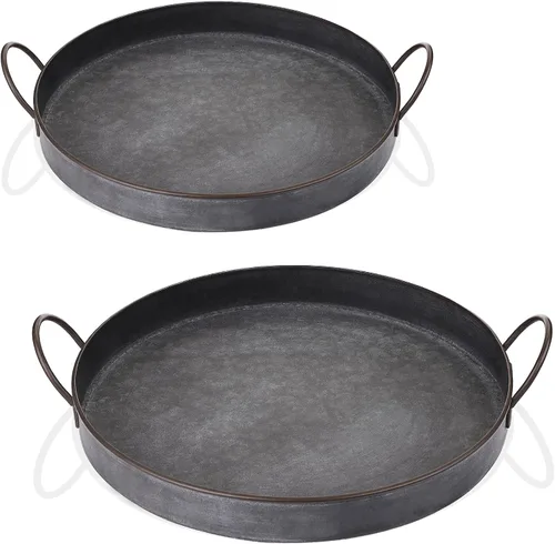 Miniatura 10 de Hipiwe Juego de 2 bandejas de hierro de metal galvanizado con asas, bandeja ovalada de granja, bandeja decorativa industrial rústica, bandeja