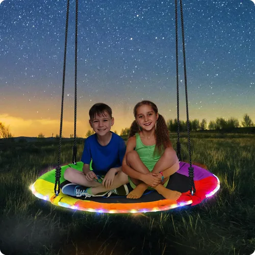 Miniatura 7 de Trekassy Columpio de árbol de platillo de 40 pulgadas para niños y adultos al aire libre con luces LED, 2 correas para colgar en el árbol, arcoíris