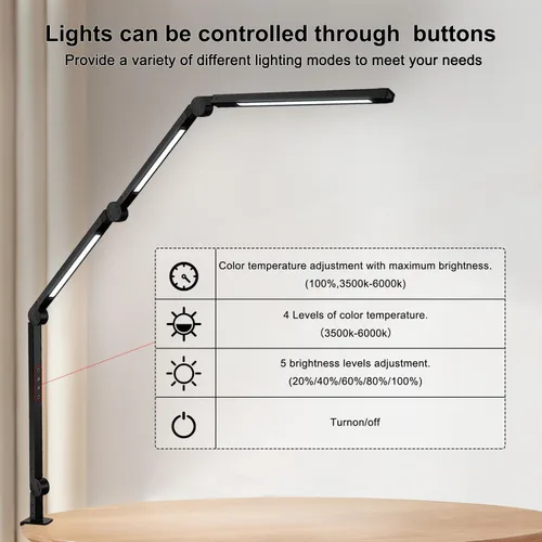 Miniatura 5 de Lámpara de escritorio LED con abrazadera y brazo flexible - 3 fuentes de luz, 4 modos de color y 5 niveles de brillo, luz de mesa para cuidar