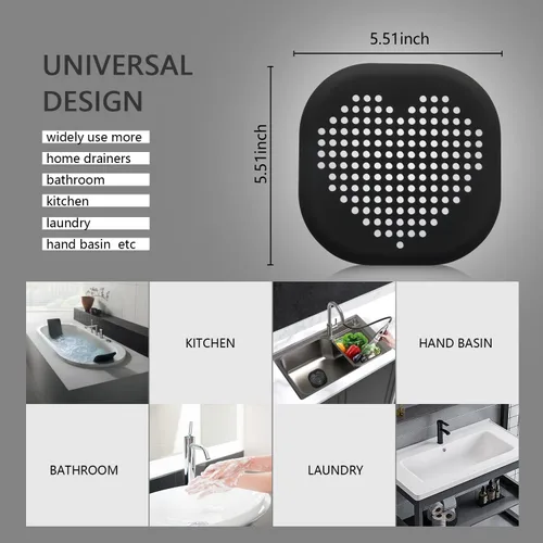Miniatura 4 de Paquete de 2 recolectores de pelo para desagüe de ducha, accesorios de baño negros, cubierta de drenaje de silicona duradera con ventosas