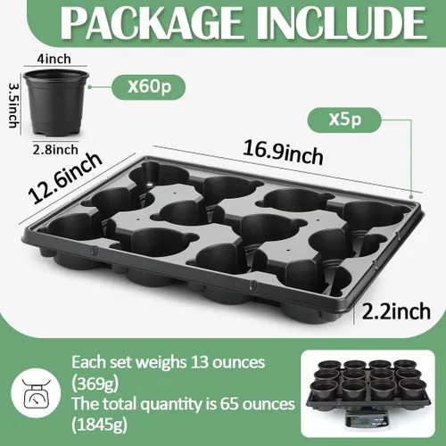 Miniatura 2 de RooTrimmer 60 piezas de macetas de plástico de 4 pulgadas y bandejas de 12 celdas de 5 piezas, bandejas de transporte de germinación de semillas