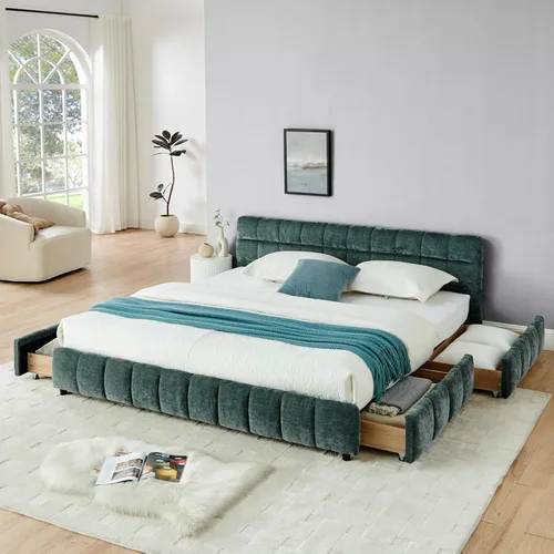 Miniatura 16 de Base de cama tapizada tamaño California King con tela de felpilla gruesa, cama de plataforma con cabecero copetudo, marco de madera maciza, diseño