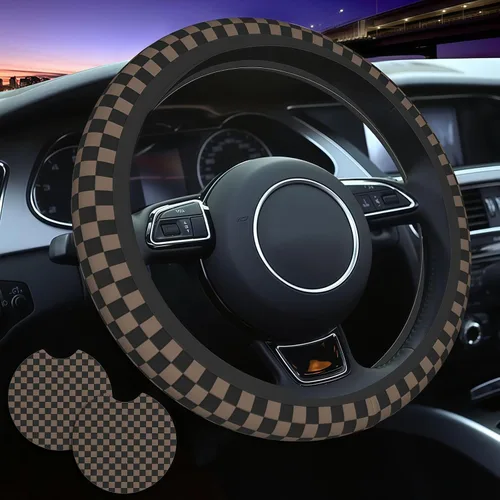 Funda para volante de automóvil de 15 pulgadas y 2 posavasos de automóvil a cuadros | Funda de volante a cuadros color negro marrón antideslizante