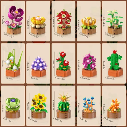 Miniatura 8 de CUBIMANA Paquete de 15 mini construcción de flores y plantas, colección botánica de flores, juguete de bloque de 0.142 in para decoración de oficina