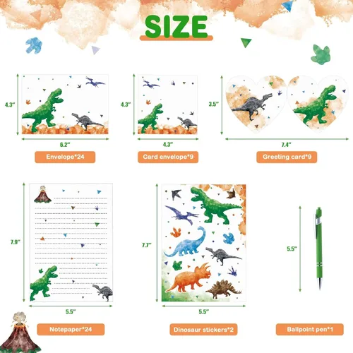 Miniatura 7 de WERNNSAI Juego de 69 cartas y sobres de papelería, dinosaurio para niños, papel de escritura y sobre, regalos de cumpleaños de Navidad para niños