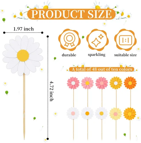 Miniatura 3 de Henoyso 48 decoraciones para cupcakes de margaritas de primavera Groovy Spring Flower Cake Topper de los años 70, hippie, bohemio, joven, salvaje