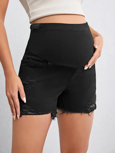 Miniatura 3 de Verdusa Pantalones cortos de mezclilla de maternidad para mujer, cintura alta, rasgados, dobladillo sin procesar, pantalones cortos de embarazo