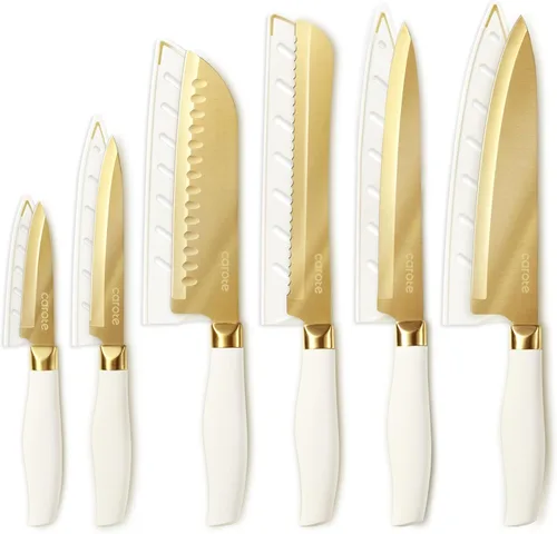 CAROTE Juego de 12 piezas de cuchillos de cocina, juego de cuchillos con revestimiento de titanio dorado saludable, apto para lavavajillas con 6