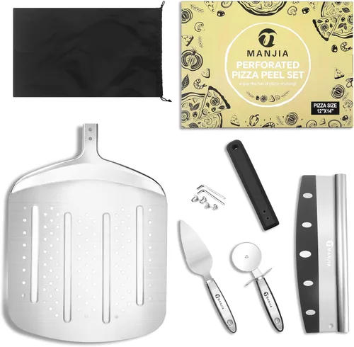Miniatura 8 de MANJIA Pala perforada de aluminio para pizza de 12 pulgadas, antiadherente, de metal, con cortador basculante (12 x 14 pulgadas), espátula grande