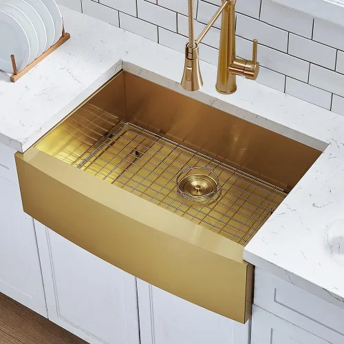 HOTIS Gold Fregadero de Granja, Fregadero de Cocina de 30 Pulgadas Dorado, Delantal Plano Delantero Bajo Montaje Fregadero de Granja, Fregadero de