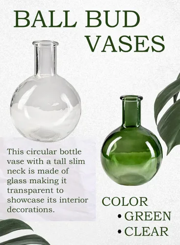 Miniatura 6 de Serene Spaces Living Juego de 2 jarrones redondos de cristal con cuello de botella verde, florero vintage para mesa de consola, estante, sala