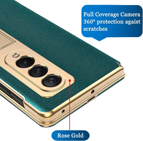Miniatura 4 de Ninki Funda de cuero para Galaxy Z Fold 3 con función atril, color negro, cuero de lujo con PC a prueba de golpes y soporte de anillo protector