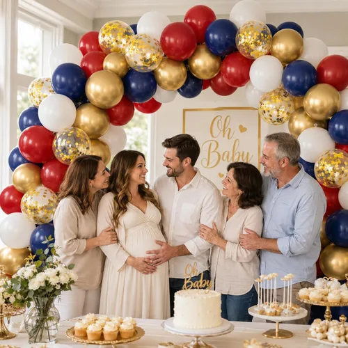 Miniatura 7 de Globo Rojo Blanco Azul, 50 unidades de 12 pulgadas, globos de látex azul marino, rojo rubí oscuro, confeti dorado metálico para baby shower